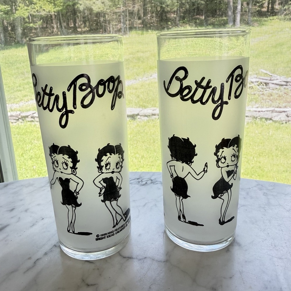 Vtg 1988 Libbey Betty Boop 10oz Frosted Glass Drinking Tumblers Highball Pair